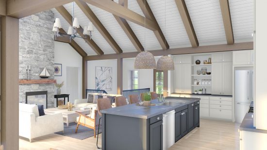 Urban Bungalow Timber House Plan | The Brighton 4104 | Normerica | Interior Living Room Cathedral Ceiling Kitchen