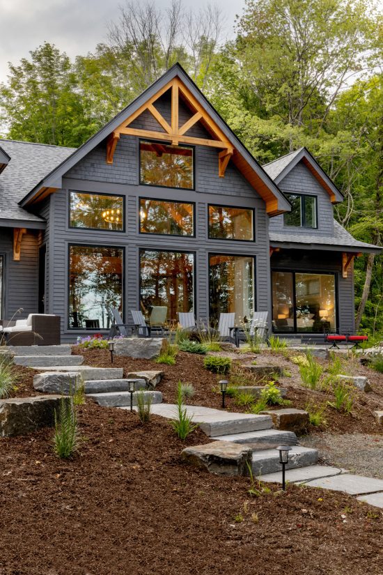 Lakeside Cottage Family Cottage Luxury Retreat Build Cottage Great Room Portfolio Project Normerica Timber Frame Homes Exterior Stone Walkway 2