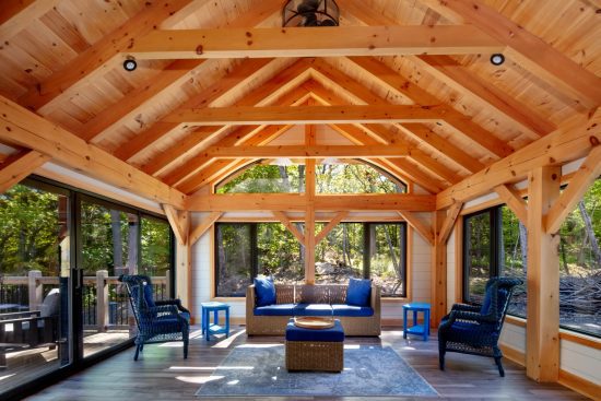 modern bungalow house design lakeside cottage timber frame project Cottage Calm Normerica interior muskoka room