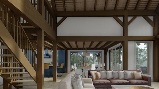 family house plans timber frame country house Rocklyn 4105 Interior Great Room Loft Dining Room Normerica