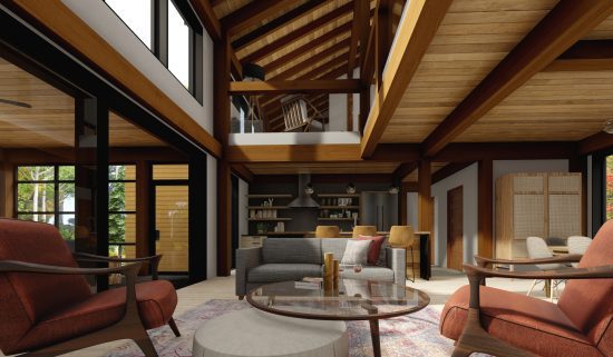 Scandinavian Cabin The Osler 4132 Interior Living Room Kitchen Cathedral Ceiling Normerica Timber Homes