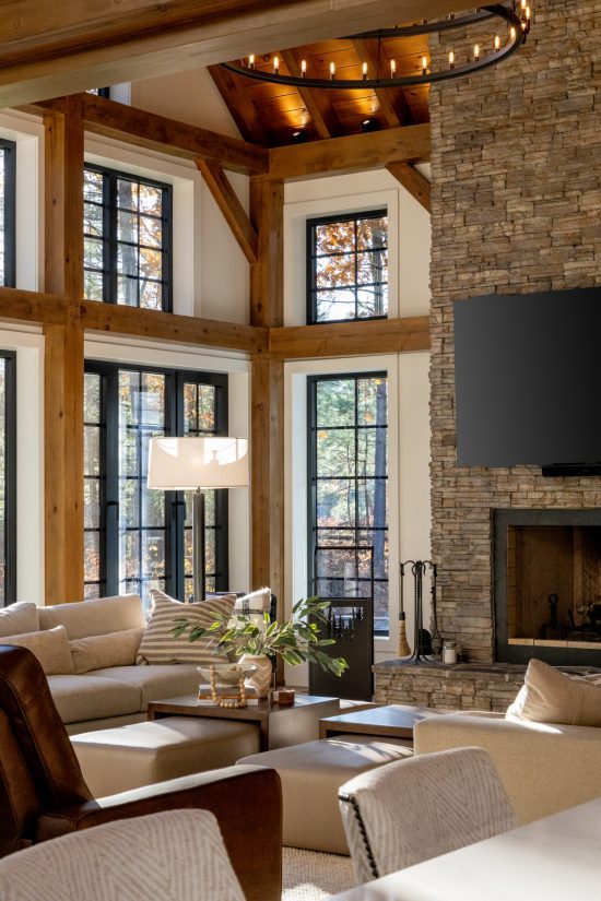 Traditional Lakeside Cottage Lakeside Escape Project Portfolio Interior Great Room Fireplace Normerica Timber Homes