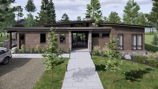 Modern Mountain Glass House Plan The Cypress 4134 Exterior Front Mono Slope Roof Normerica Timber Homes