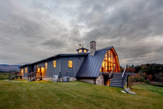 Timber Frame Barn House, Exterior, Night Porch, Normerica Timber Homes