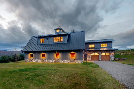 Timber Frame Barn House, Exterior, Night Side View, Normerica Timber Homes