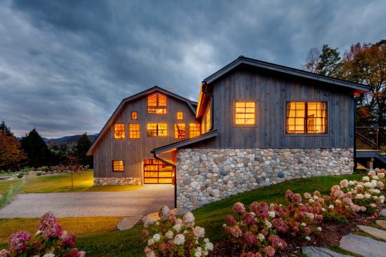 Timber Frame Barn House, Exterior, Night View, Normerica Timber Homes
