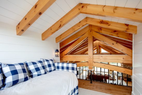 Timber Frame Barn House, Interior, Loft, Truss View, Normerica Timber Homes