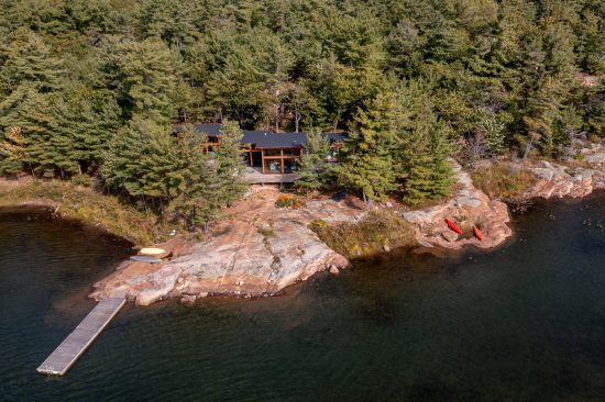 Georgian Bay Cottage, Exterior, Aerial Dock and Cottage, Normerica Timber Homes