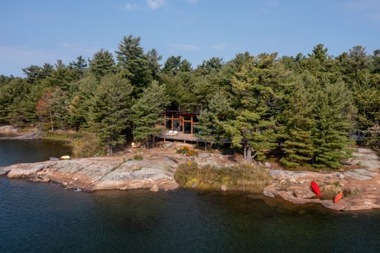 Georgian Bay Cottage, Exterior, Aerial Shore and Cottage, Normerica Timber Homes