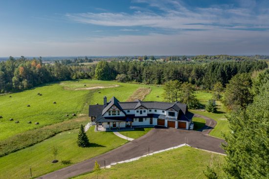 Modern Farmhouse, Exterior, Aerial View Front with Fields, Normerica Timber Homes
