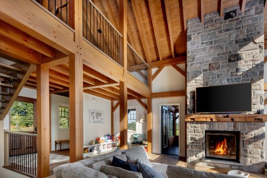 Modern Farmhouse, Interior, Living Room Fireplace Loft, Normerica Timber Homes