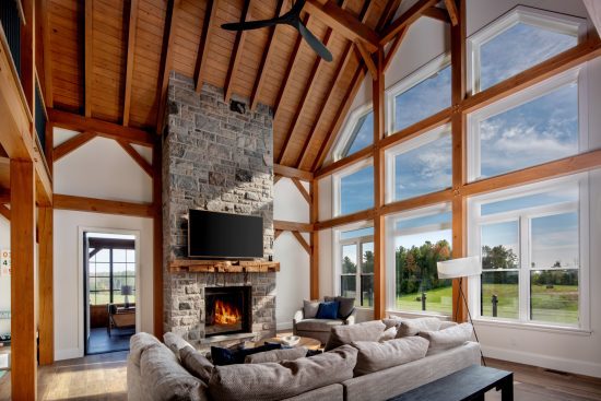 Modern Farmhouse, Interior, Living Room Fireplace Windows, Normerica Timber Homes
