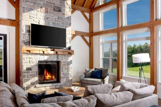 Modern Farmhouse, Interior, Living Room Fireplace Windows TV, Normerica Timber Homes