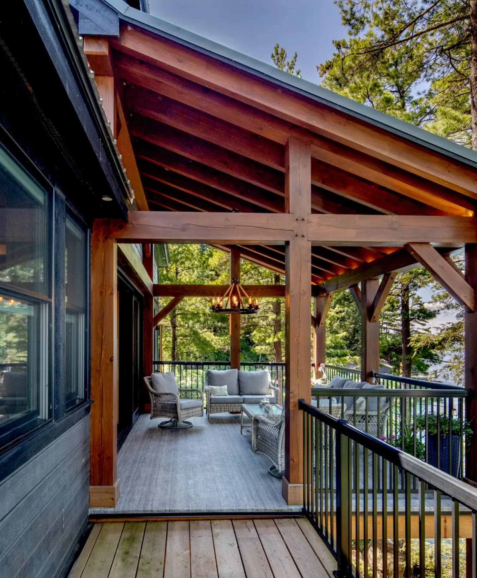 Timber Frame covered balcony with seating