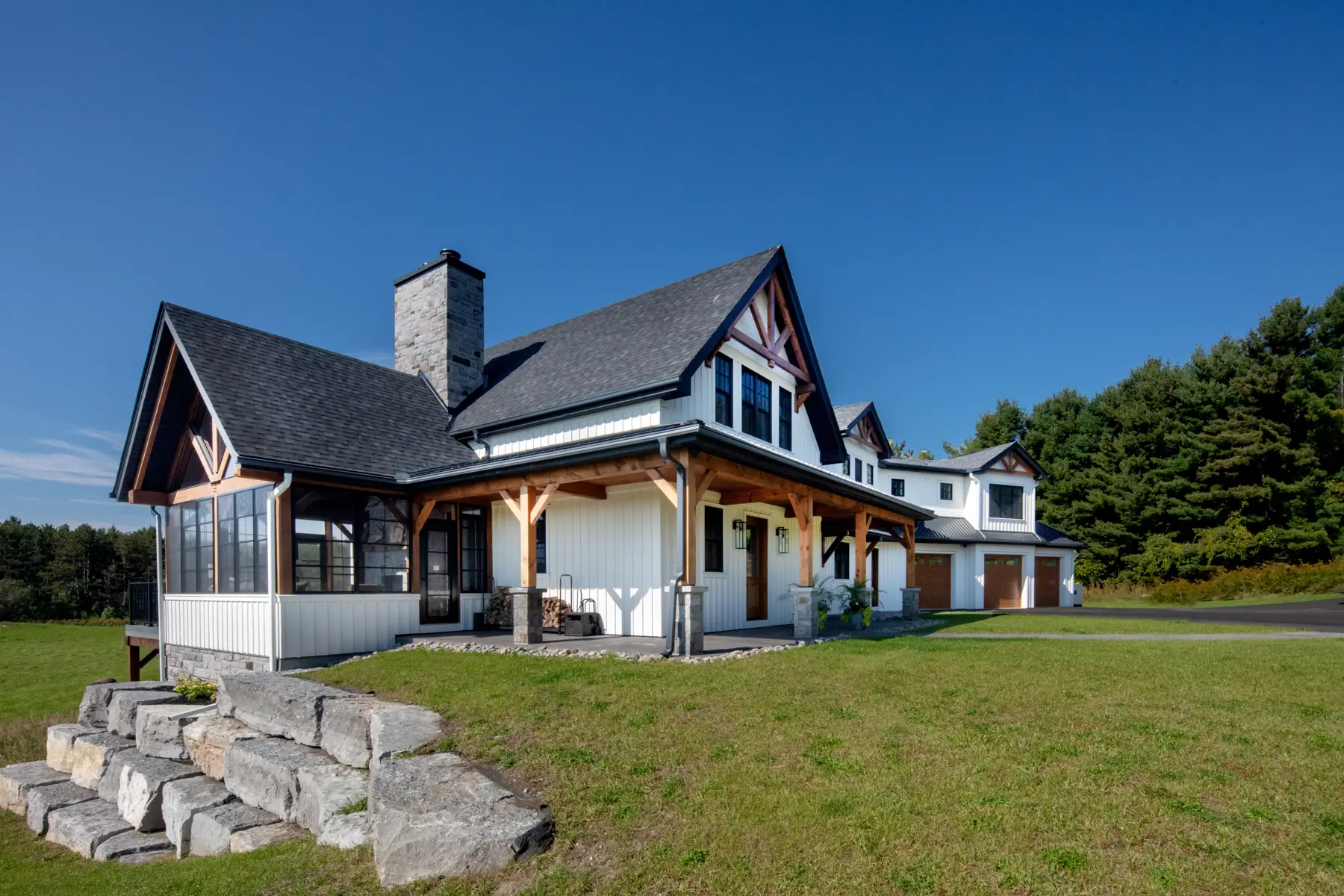 Modern Farmhouse Exterior Side View Muskoka Room Normerica Timber Homes