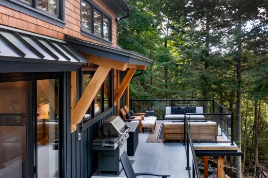 Muskoka Cottage Design, Contemporary Cottaging, Exterior, Deck Firepit, Normerica Timber Homes