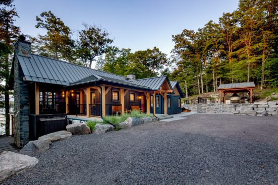 Muskoka Cottage Design, Contemporary Cottaging, Exterior, Front Night Side, Normerica Timber Homes