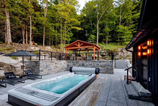 Muskoka Cottage Design, Contemporary Cottaging, Exterior, Hot Tub Pool BBQ, Normerica Timber Homes