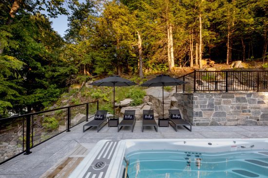 Muskoka Cottage Design, Contemporary Cottaging, Exterior, Hot Tub Pool View, Normerica Timber Homes