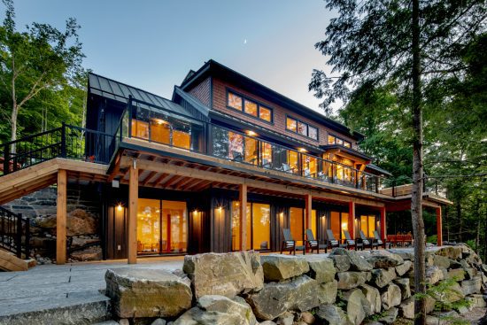 Muskoka Cottage Design, Contemporary Cottaging, Exterior, Night Rear, Normerica Timber Homes