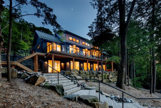 Muskoka Cottage Design, Contemporary Cottaging, Exterior, Night Rear Stairs, Normerica Timber Homes