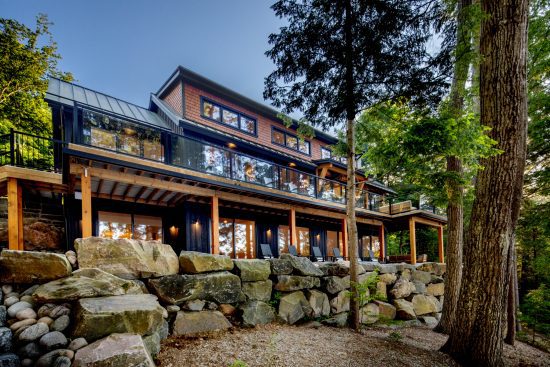 Muskoka Cottage Design, Contemporary Cottaging, Exterior, Rear Side from Lake, Normerica Timber Homes