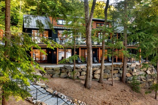 Muskoka Cottage Design, Contemporary Cottaging, Exterior, Rear View Stairs, Normerica Timber Homes