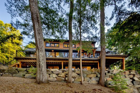 Muskoka Cottage Design, Contemporary Cottaging, Exterior, Rear from Lake, Normerica Timber Homes