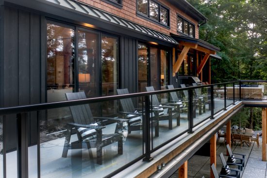 Muskoka Cottage Design, Contemporary Cottaging, Exterior, Upper Deck Chairs, Normerica Timber Homes