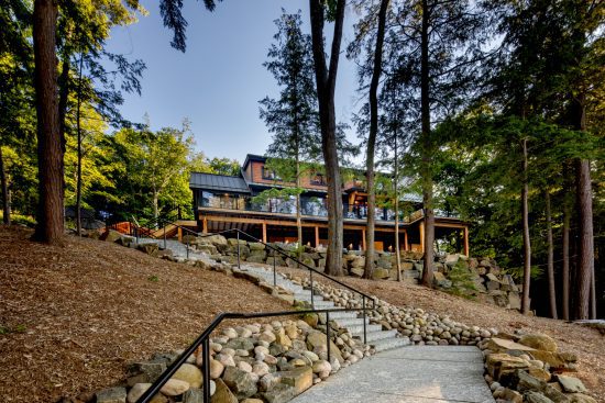 Muskoka Cottage Design, Contemporary Cottaging, Exterior, View up from Lake, Normerica Timber Homes