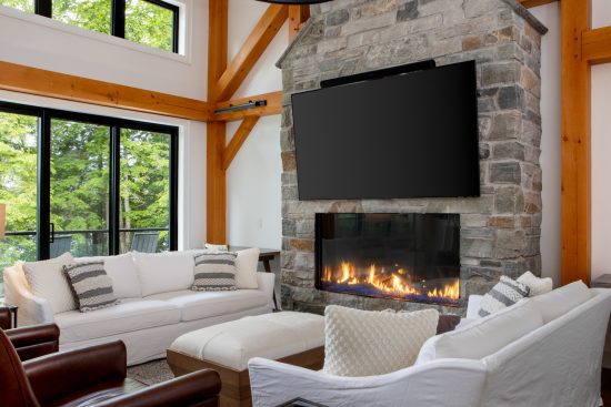 Muskoka Cottage Design, Contemporary Cottaging, Interior, Fireplace, Normerica Timber Homes