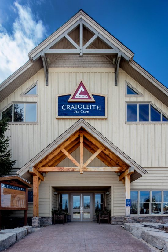 5 Normerica Timber Frame Commercial Project Craigleith Ski Club Ski Resort Collingwood Ontario Exterior Entrance 550x825