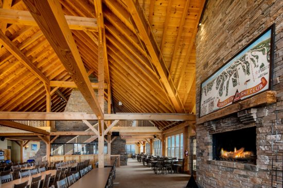 7 Normerica Timber Frame Commercial Project Craigleith Ski Club Ski Resort Collingwood Ontario Interior Fireplace 550x367