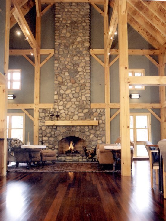 7 Normerica Timber Frames Commercial Projects Buffalo Mountain Lodge Hotel Banff Canada Interior Fireplace 550x731