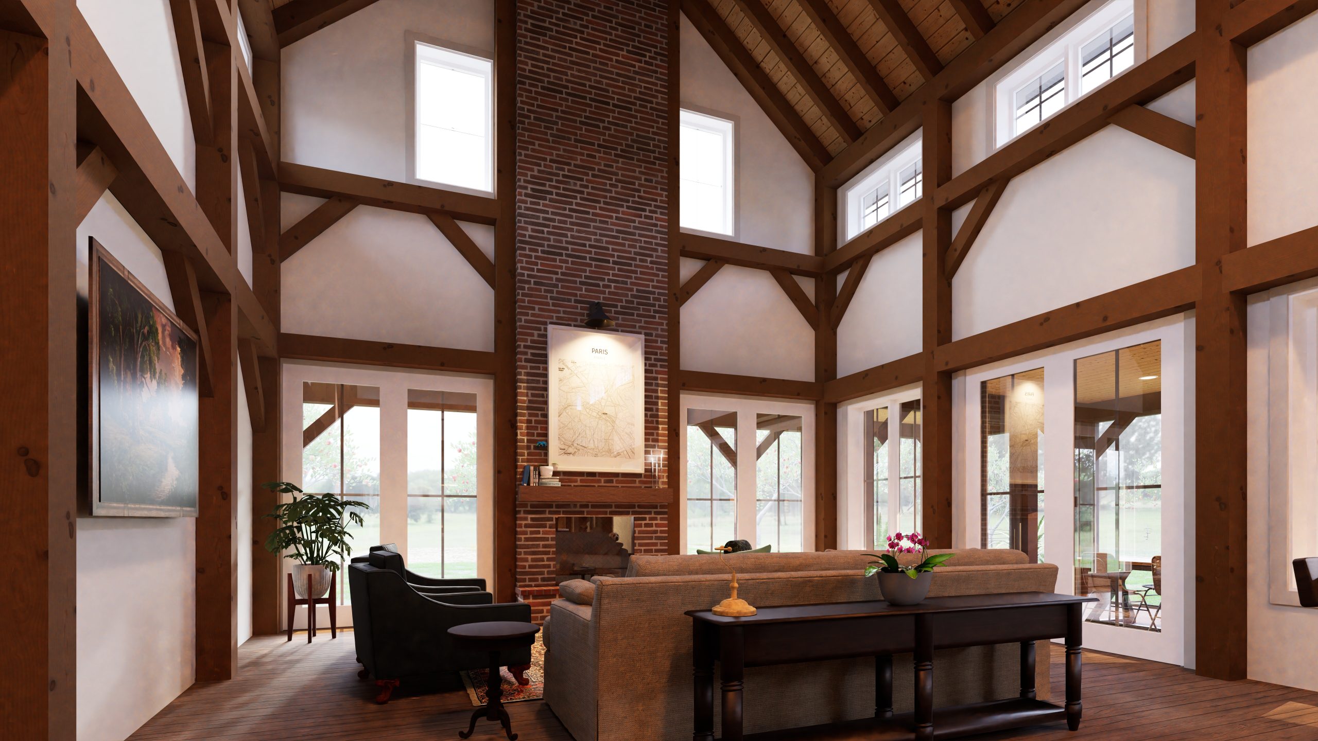 Brookside 4141 Barndominium Timber Frame House Plan Normerica Interior Great Hall Living Room
